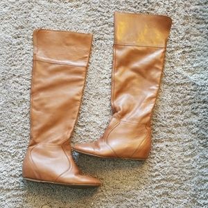 Tan leather slouch tall over the knee boots